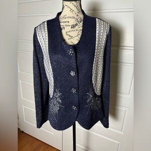 Elite Champagne Beaded Broach Buttons Embellished Glitter Blue Blazer